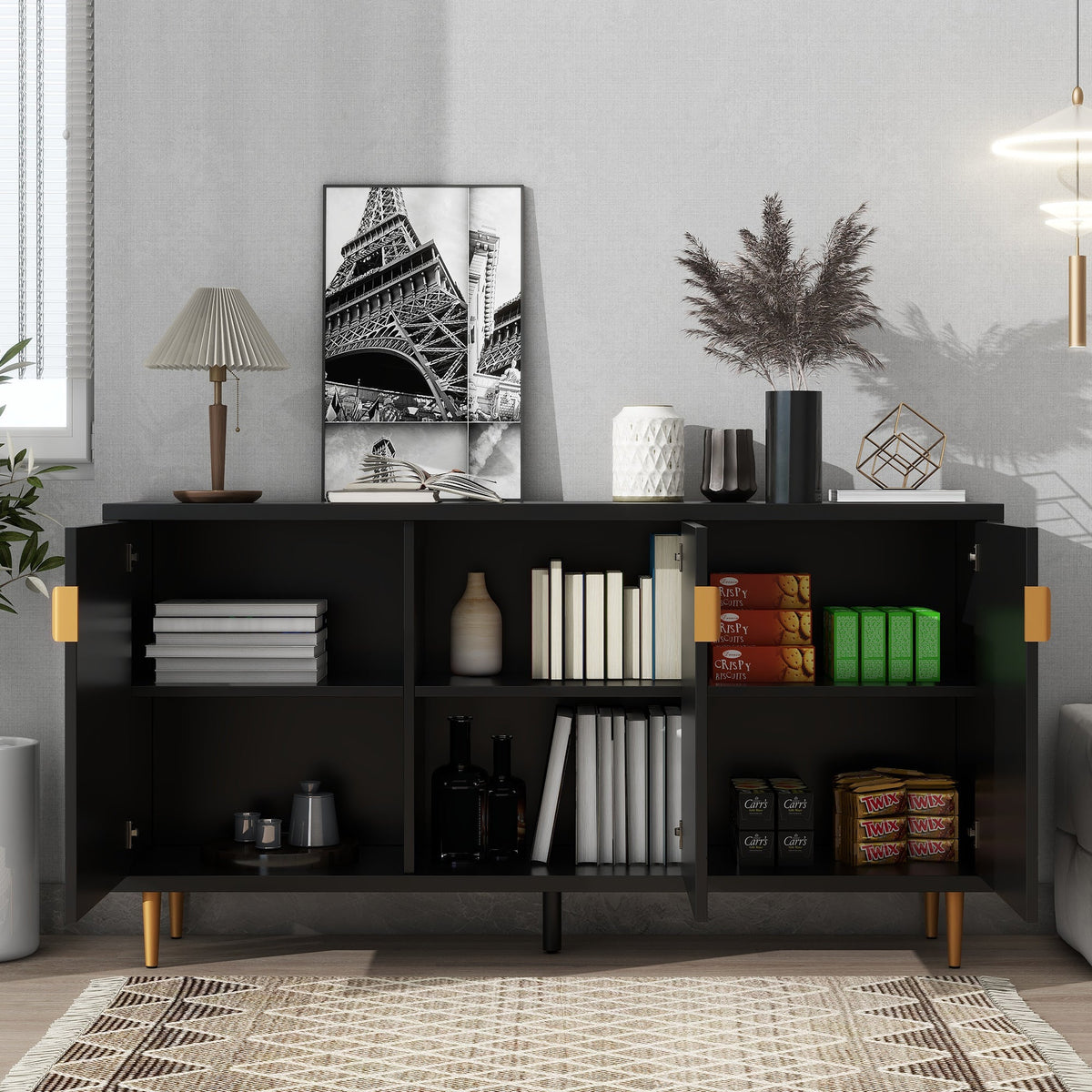 Roomfitters Modern TV Stand with 3 Doors and Adjustable Storage Shelves, Fits TVs up to 70 Inches, Black Roomfitters