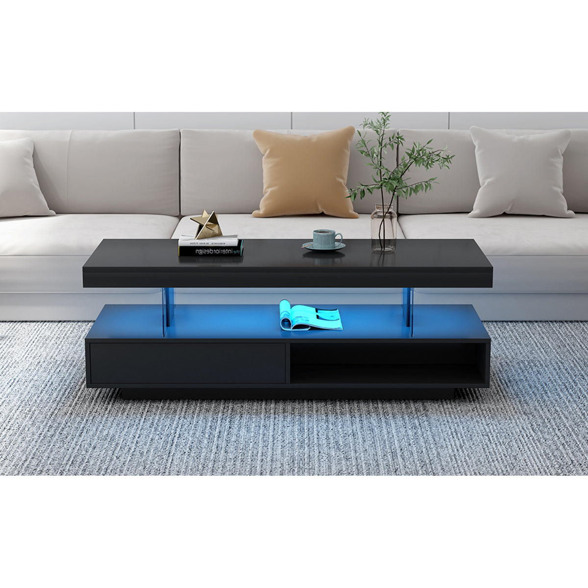 variant-group:rf-n724wf307038aab|Roomfitters Modern Coffee Table with Storage Shelf and Display Space, Center Table with Lighting Effect, Black