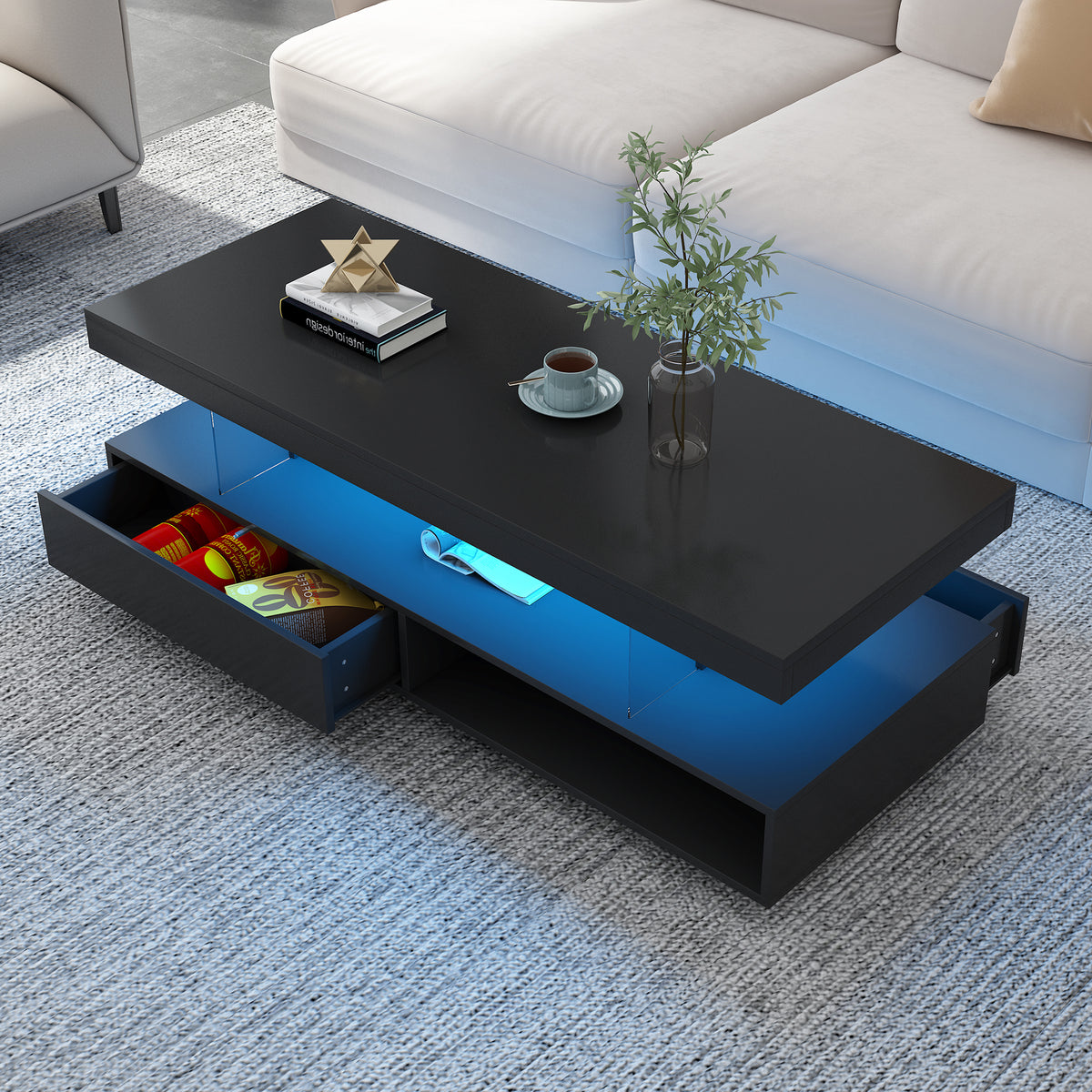 variant-group:rf-n724wf307038aab|Roomfitters Modern Coffee Table with Storage Shelf and Display Space, Center Table with Lighting Effect, Black
