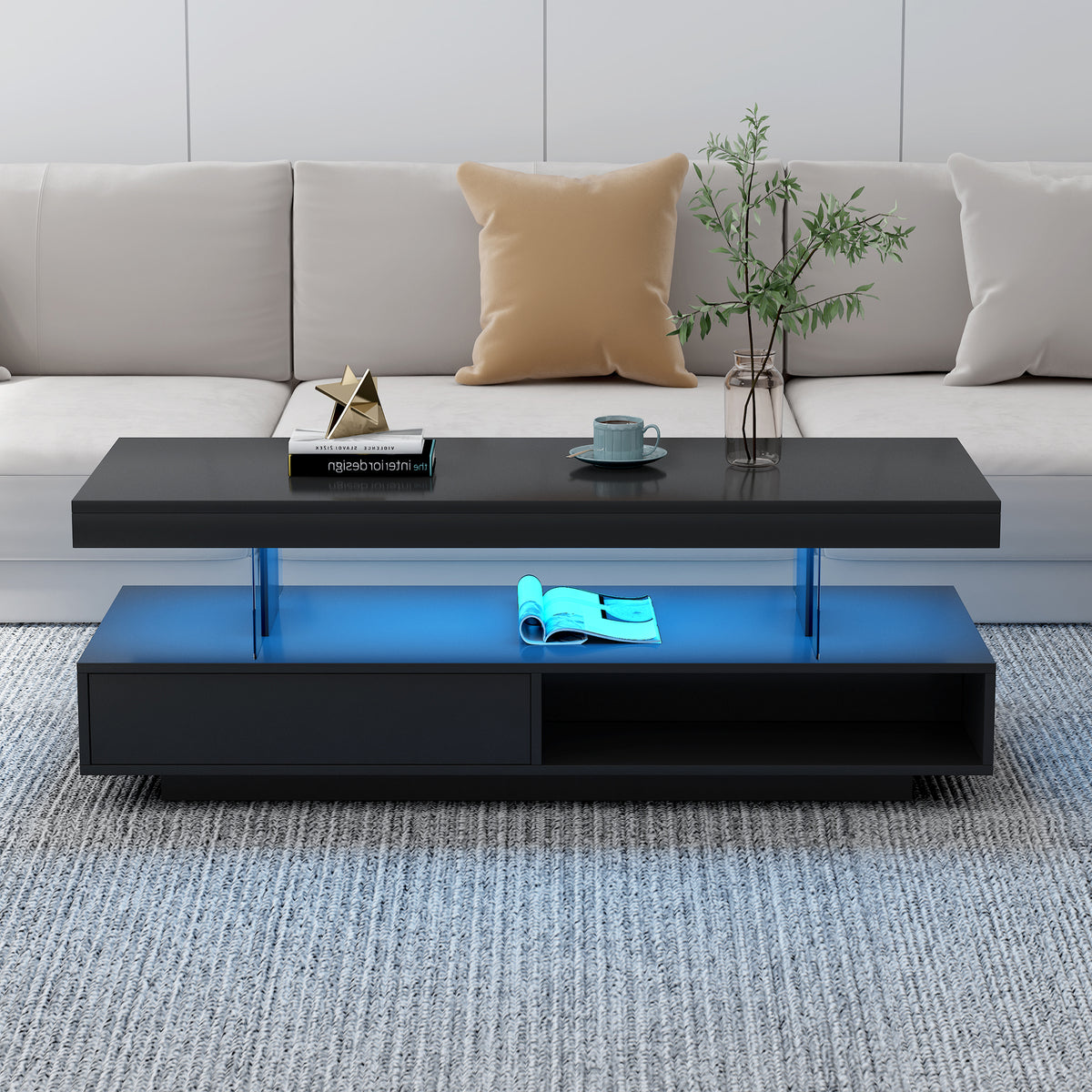 variant-group:rf-n724wf307038aab|Roomfitters Modern Coffee Table with Storage Shelf and Display Space, Center Table with Lighting Effect, Black