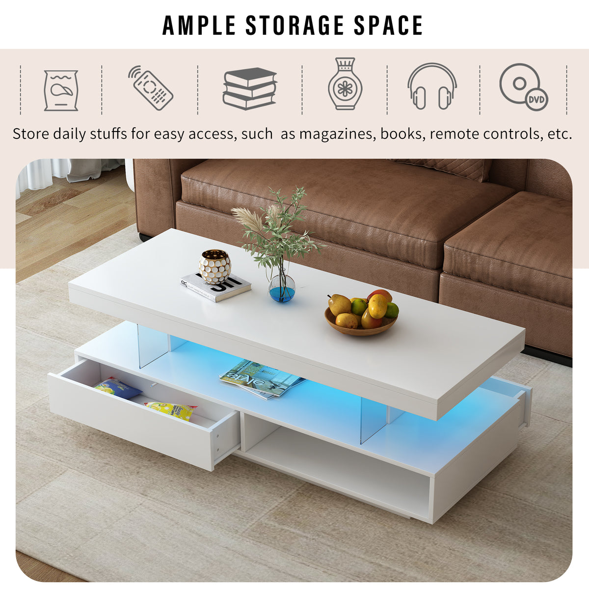 variant-group:rf-n724wf307038aak|Roomfitters Modern Coffee Table with Storage Shelf and Display Space, Center Table with Lighting Effect, White