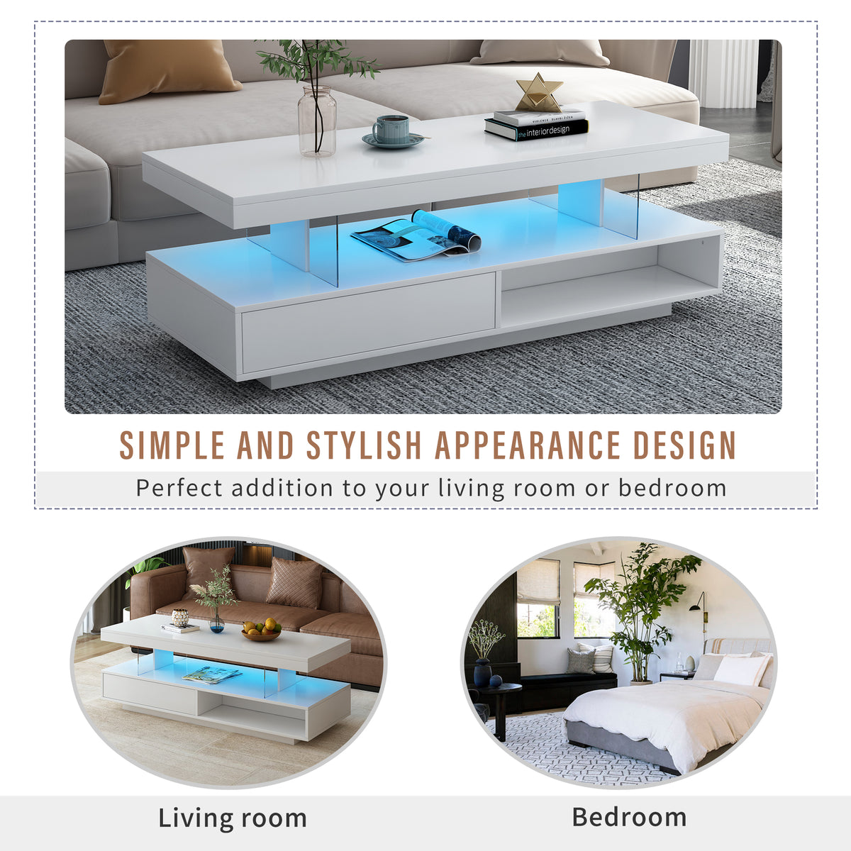 variant-group:rf-n724wf307038aak|Roomfitters Modern Coffee Table with Storage Shelf and Display Space, Center Table with Lighting Effect, White