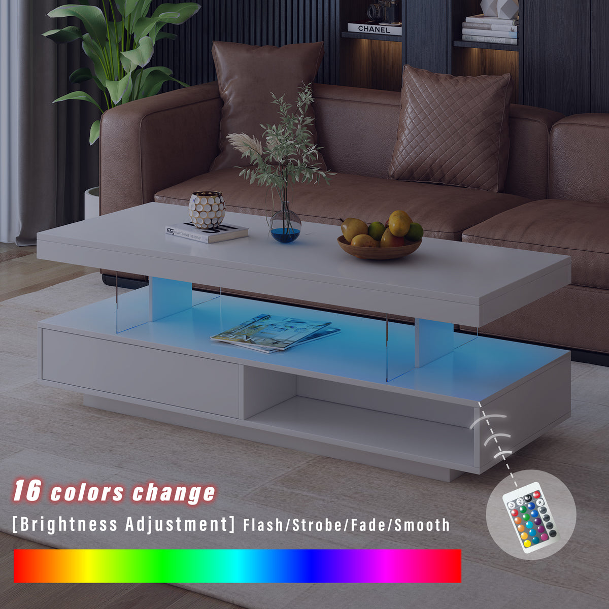 variant-group:rf-n724wf307038aak|Roomfitters Modern Coffee Table with Storage Shelf and Display Space, Center Table with Lighting Effect, White