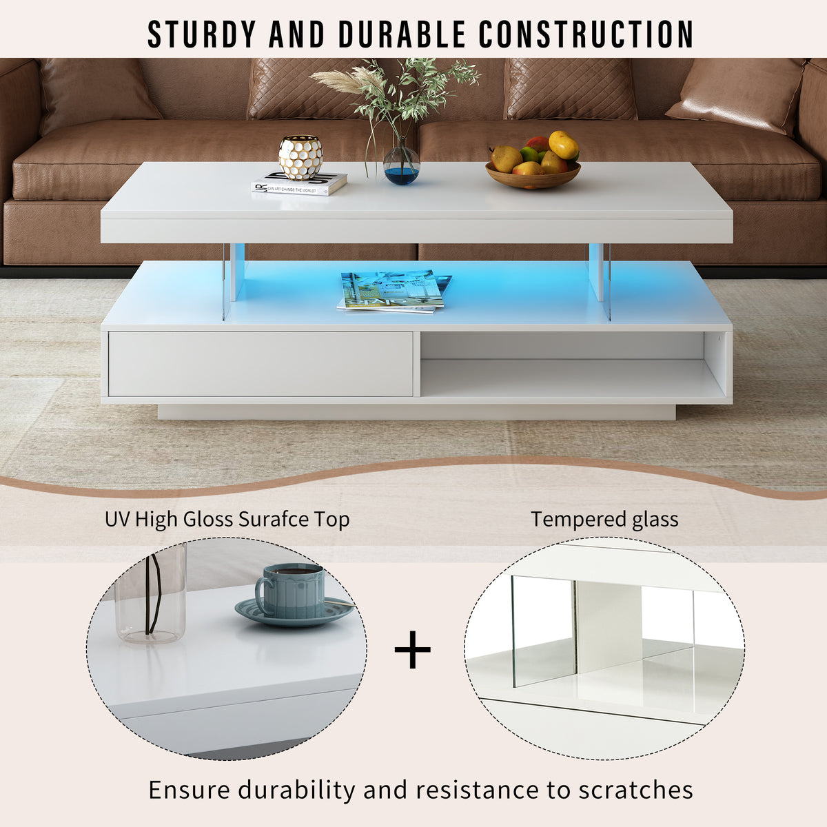 variant-group:rf-n724wf307038aak|Roomfitters Modern Coffee Table with Storage Shelf and Display Space, Center Table with Lighting Effect, White