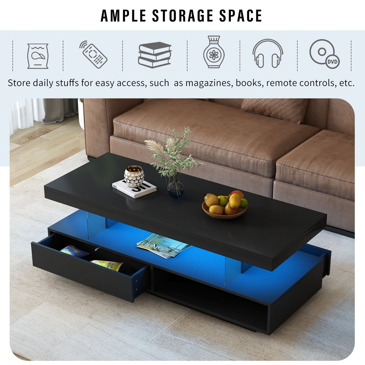 variant-group:rf-n724wf307038aab|Roomfitters Modern Coffee Table with Storage Shelf and Display Space, Center Table with Lighting Effect, Black