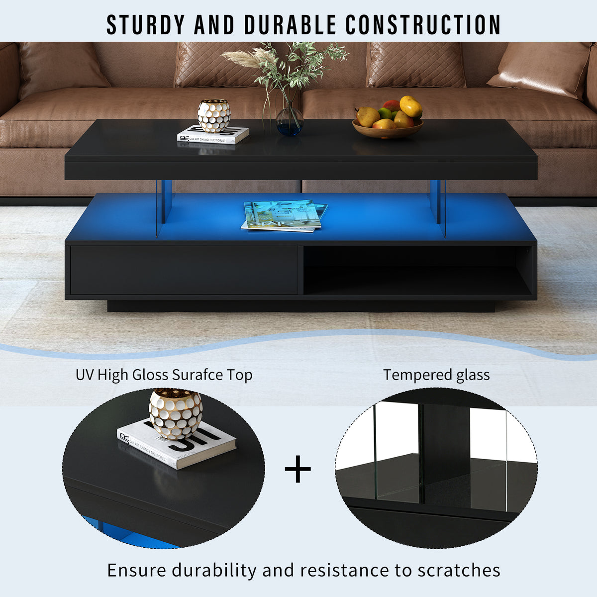 variant-group:rf-n724wf307038aab|Roomfitters Modern Coffee Table with Storage Shelf and Display Space, Center Table with Lighting Effect, Black