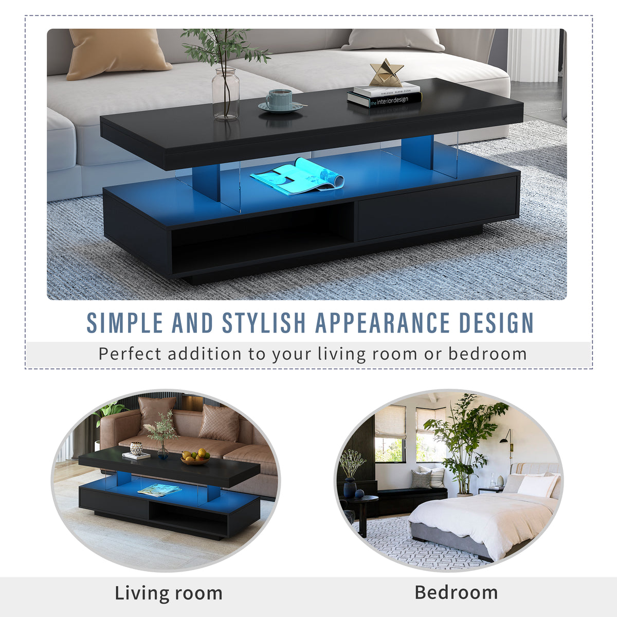 variant-group:rf-n724wf307038aab|Roomfitters Modern Coffee Table with Storage Shelf and Display Space, Center Table with Lighting Effect, Black