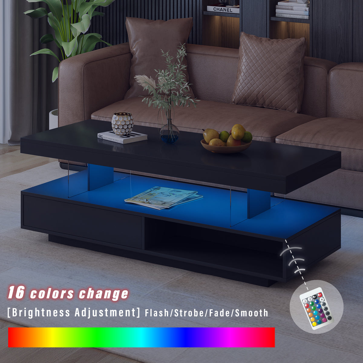 variant-group:rf-n724wf307038aab|Roomfitters Modern Coffee Table with Storage Shelf and Display Space, Center Table with Lighting Effect, Black