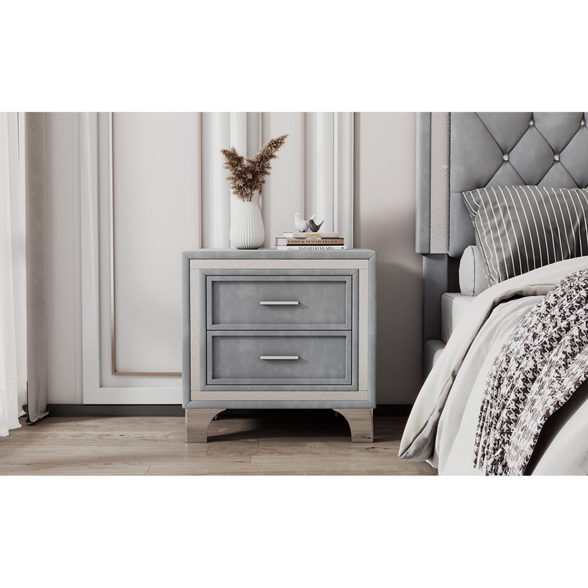 variant-group:rf-n733p183659e|Roomfitters Mid Century Vintage Nightstand with Silver Glitter Strip Decor and Metal Legs, Velvet Bedside Table with 2 Compartments, Gray