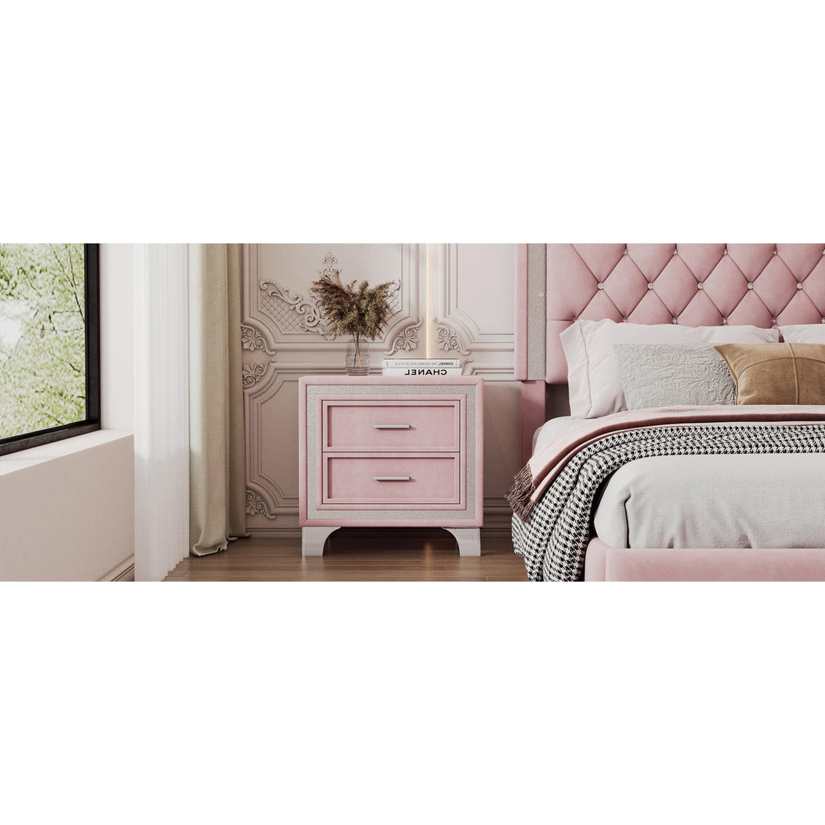 variant-group:rf-n733p183659h|Roomfitters Mid Century Vintage Nightstand with Silver Glitter Strip Decor and Metal Legs, Velvet Bedside Table with 2 Compartments, Pink