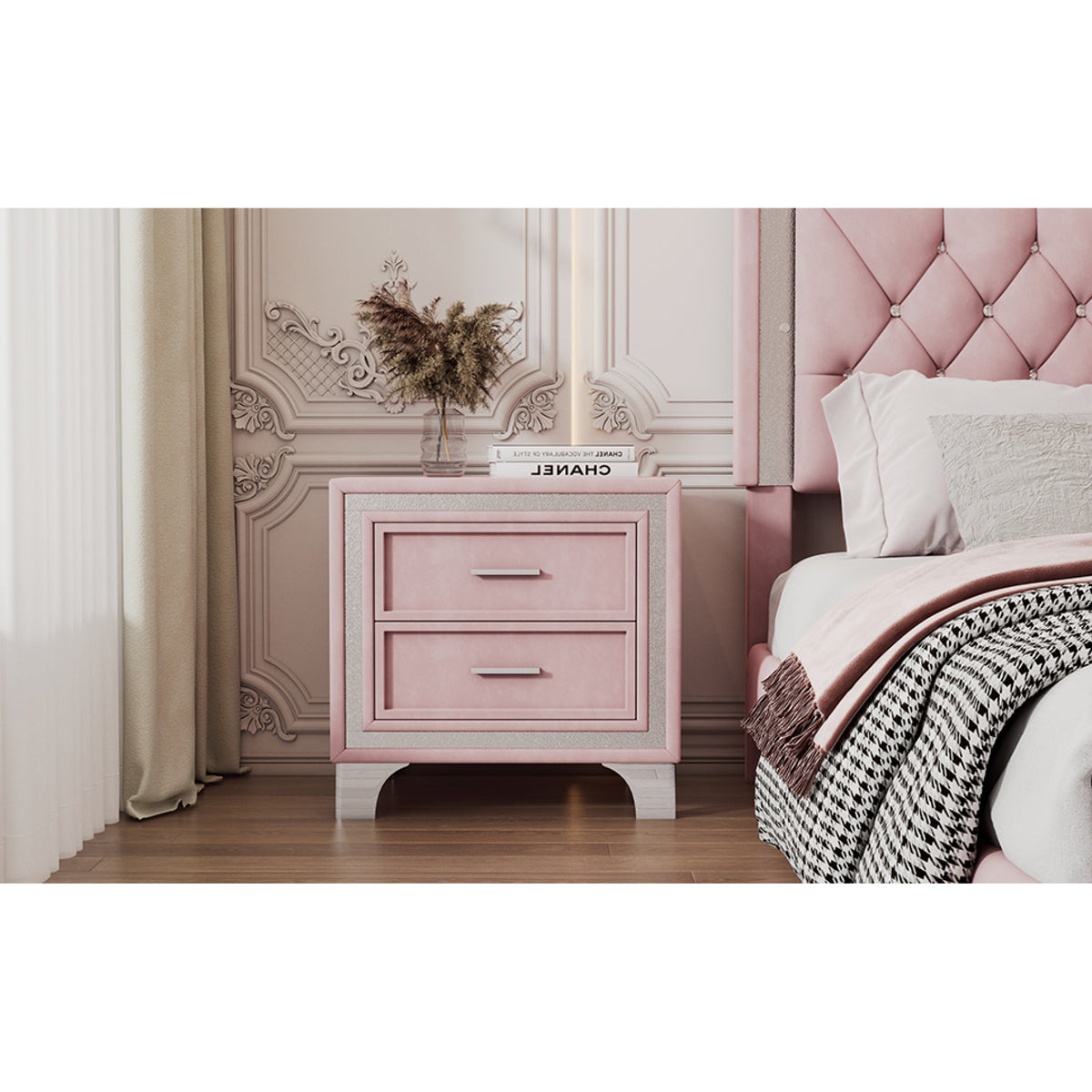 variant-group:rf-n733p183659h|Roomfitters Mid Century Vintage Nightstand with Silver Glitter Strip Decor and Metal Legs, Velvet Bedside Table with 2 Compartments, Pink