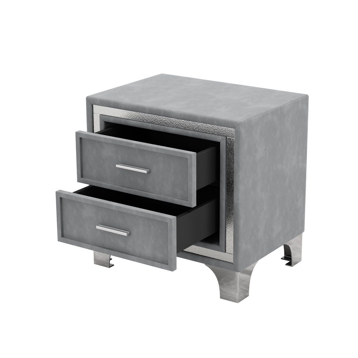 variant-group:rf-n733p183659e|Roomfitters Mid Century Vintage Nightstand with Silver Glitter Strip Decor and Metal Legs, Velvet Bedside Table with 2 Compartments, Gray
