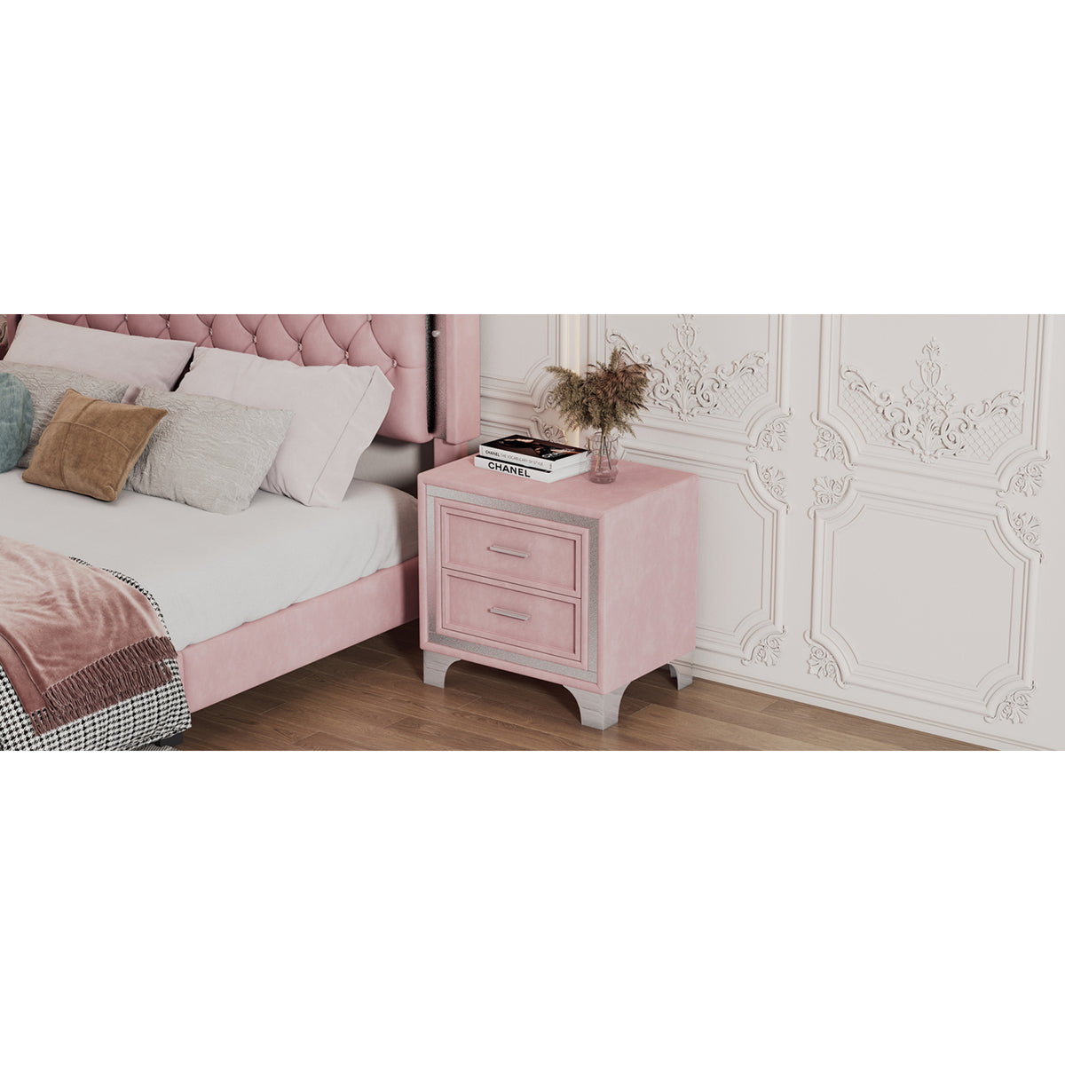 variant-group:rf-n733p183659h|Roomfitters Mid Century Vintage Nightstand with Silver Glitter Strip Decor and Metal Legs, Velvet Bedside Table with 2 Compartments, Pink