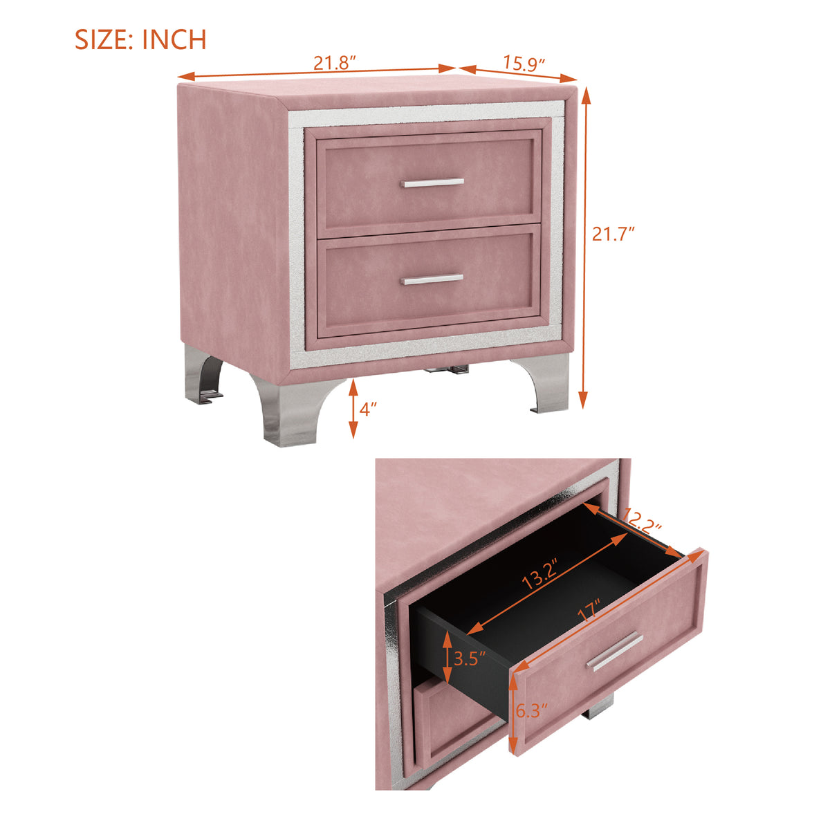 variant-group:rf-n733p183659h|Roomfitters Mid Century Vintage Nightstand with Silver Glitter Strip Decor and Metal Legs, Velvet Bedside Table with 2 Compartments, Pink