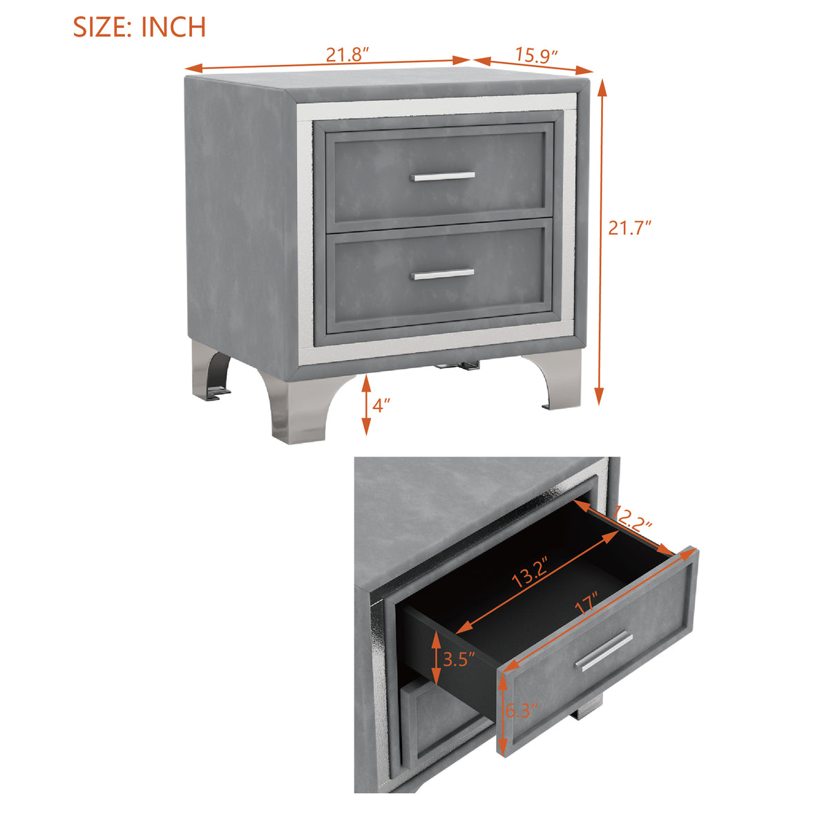 variant-group:rf-n733p183659e|Roomfitters Mid Century Vintage Nightstand with Silver Glitter Strip Decor and Metal Legs, Velvet Bedside Table with 2 Compartments, Gray
