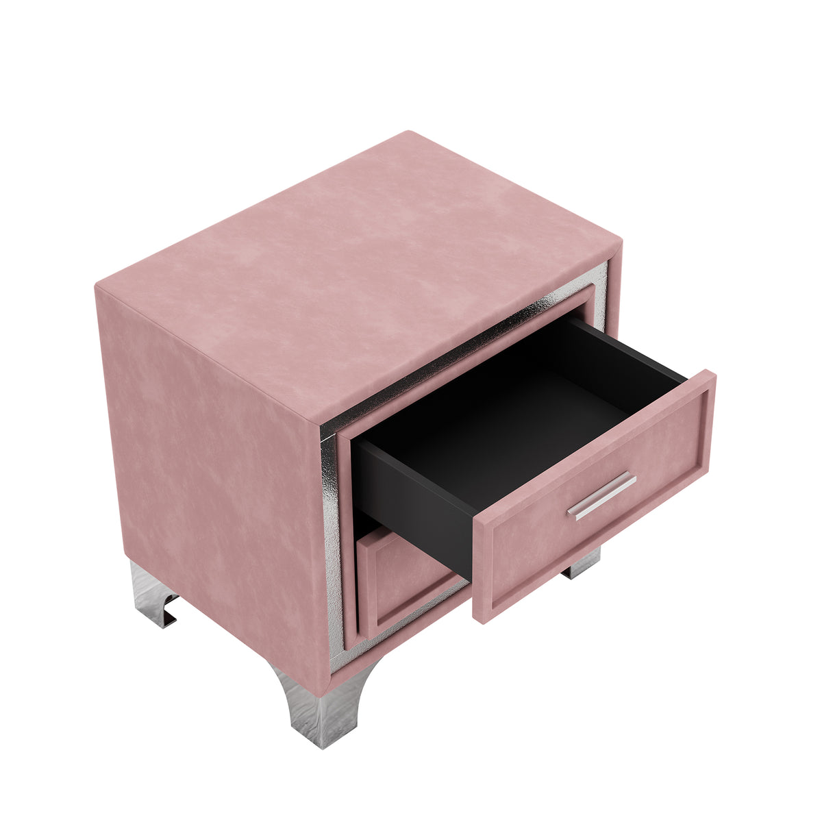 variant-group:rf-n733p183659h|Roomfitters Mid Century Vintage Nightstand with Silver Glitter Strip Decor and Metal Legs, Velvet Bedside Table with 2 Compartments, Pink