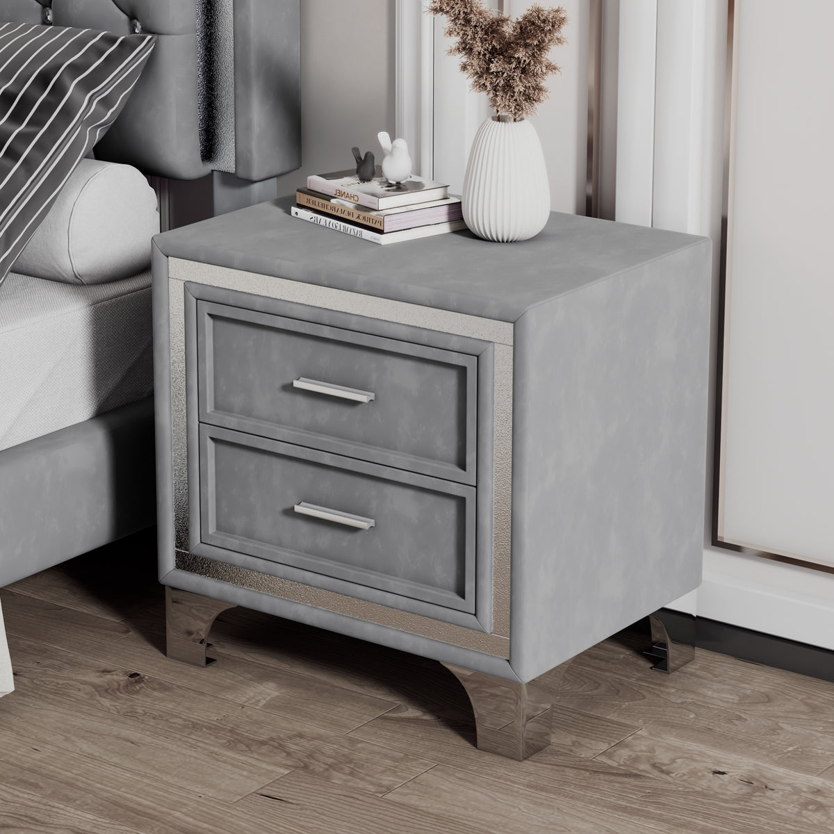 variant-group:rf-n733p183659e|Roomfitters Mid Century Vintage Nightstand with Silver Glitter Strip Decor and Metal Legs, Velvet Bedside Table with 2 Compartments, Gray