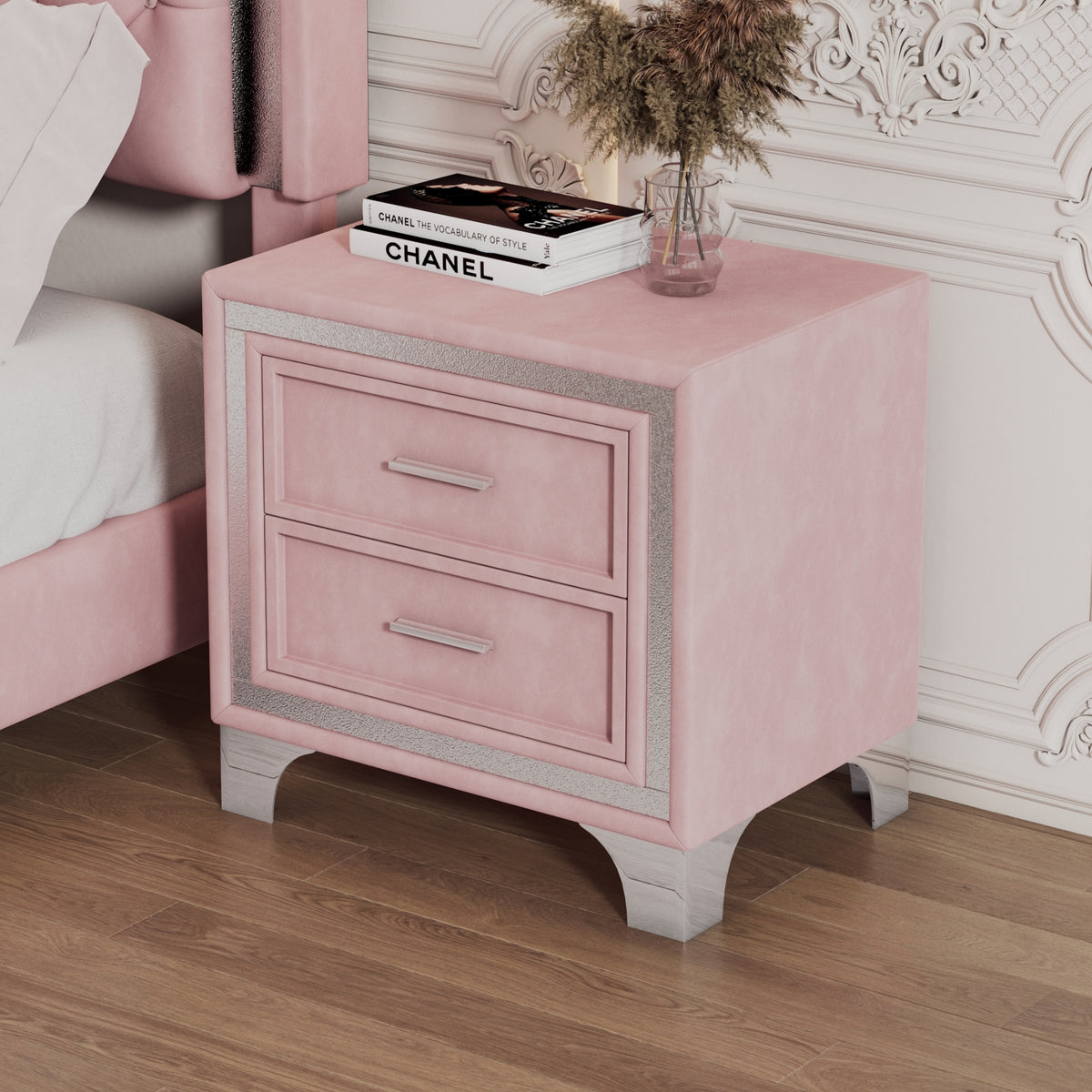 variant-group:rf-n733p183659h|Roomfitters Mid Century Vintage Nightstand with Silver Glitter Strip Decor and Metal Legs, Velvet Bedside Table with 2 Compartments, Pink