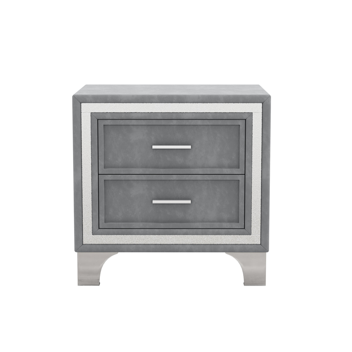 variant-group:rf-n733p183659e|Roomfitters Mid Century Vintage Nightstand with Silver Glitter Strip Decor and Metal Legs, Velvet Bedside Table with 2 Compartments, Gray