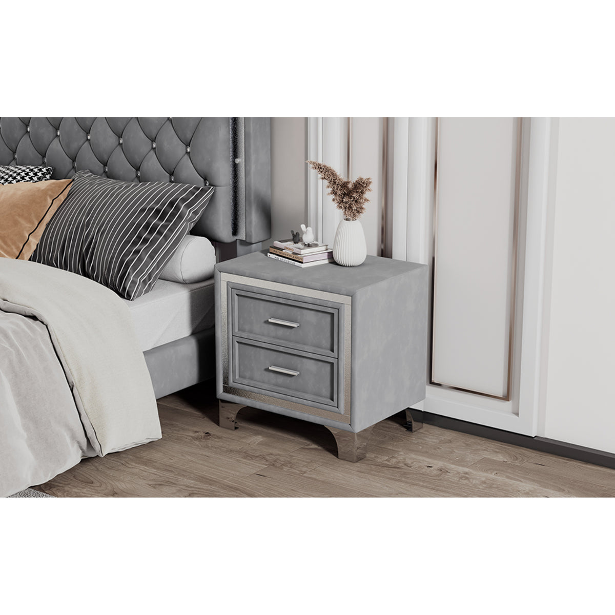 variant-group:rf-n733p183659e|Roomfitters Mid Century Vintage Nightstand with Silver Glitter Strip Decor and Metal Legs, Velvet Bedside Table with 2 Compartments, Gray