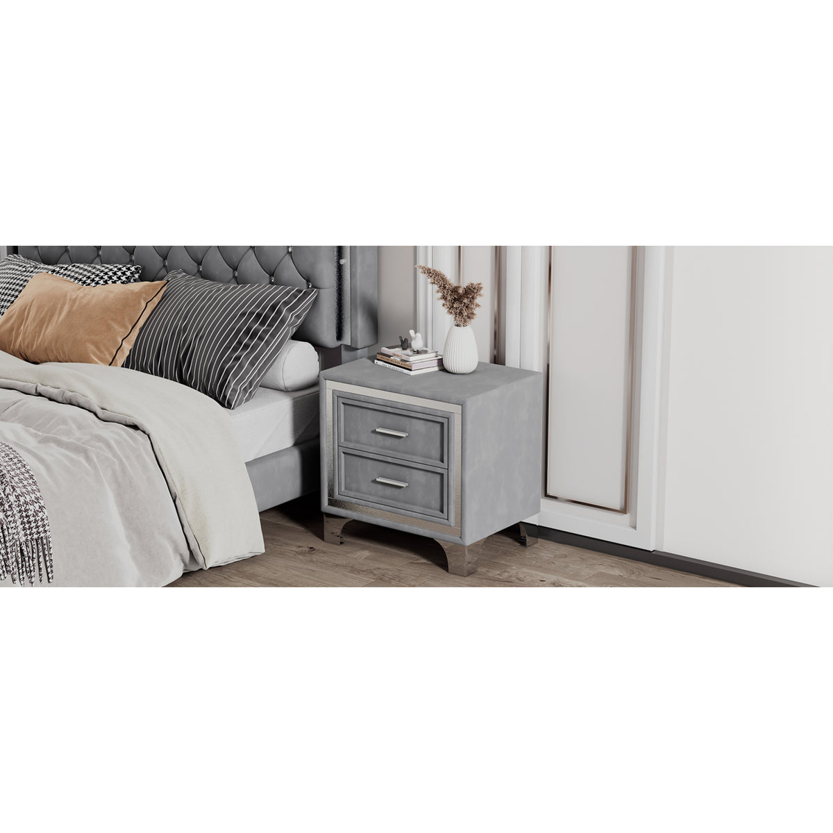 variant-group:rf-n733p183659e|Roomfitters Mid Century Vintage Nightstand with Silver Glitter Strip Decor and Metal Legs, Velvet Bedside Table with 2 Compartments, Gray