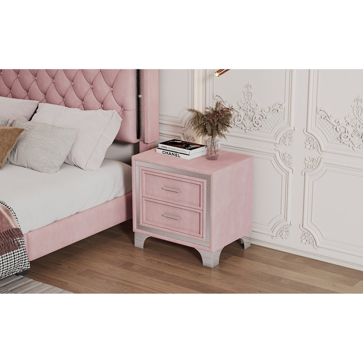variant-group:rf-n733p183659h|Roomfitters Mid Century Vintage Nightstand with Silver Glitter Strip Decor and Metal Legs, Velvet Bedside Table with 2 Compartments, Pink