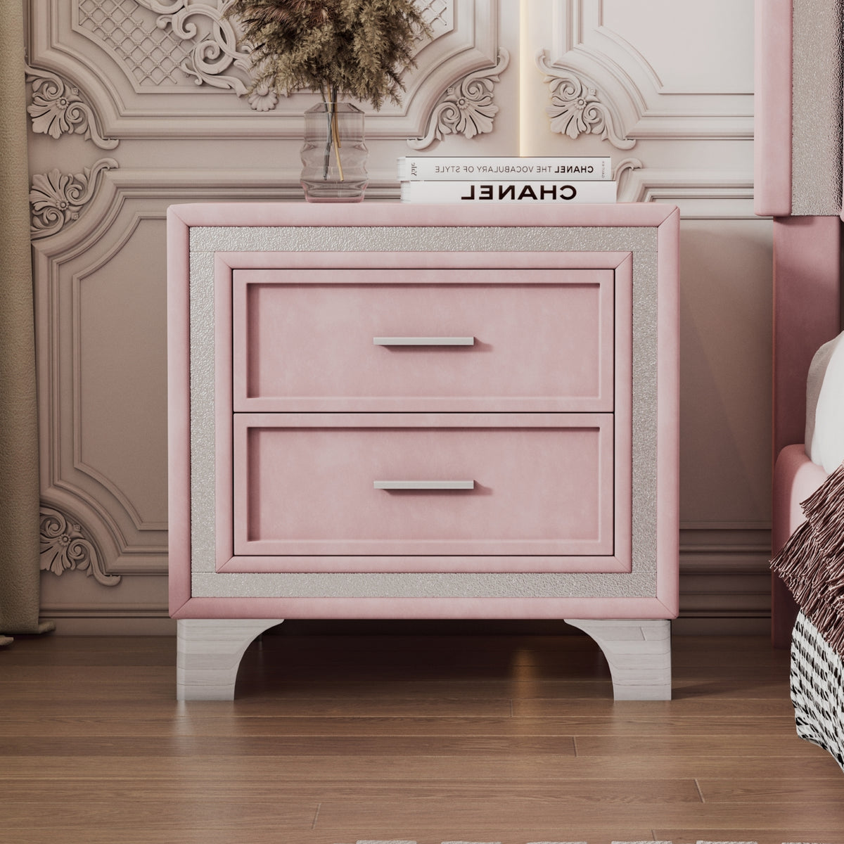 variant-group:rf-n733p183659h|Roomfitters Mid Century Vintage Nightstand with Silver Glitter Strip Decor and Metal Legs, Velvet Bedside Table with 2 Compartments, Pink