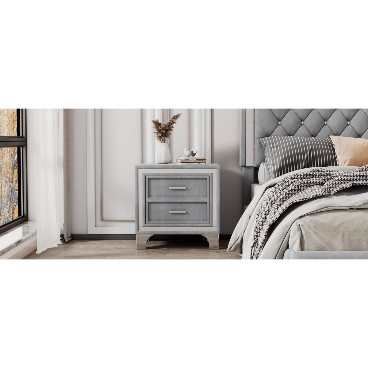 variant-group:rf-n733p183659e|Roomfitters Mid Century Vintage Nightstand with Silver Glitter Strip Decor and Metal Legs, Velvet Bedside Table with 2 Compartments, Gray