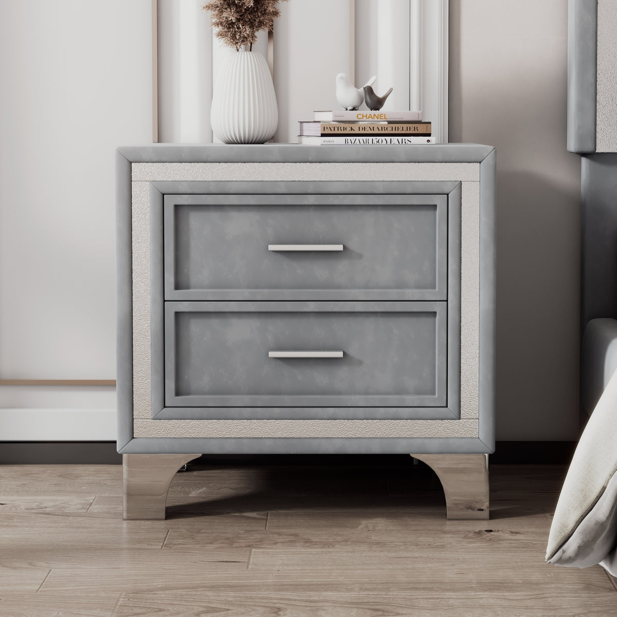 variant-group:rf-n733p183659e|Roomfitters Mid Century Vintage Nightstand with Silver Glitter Strip Decor and Metal Legs, Velvet Bedside Table with 2 Compartments, Gray