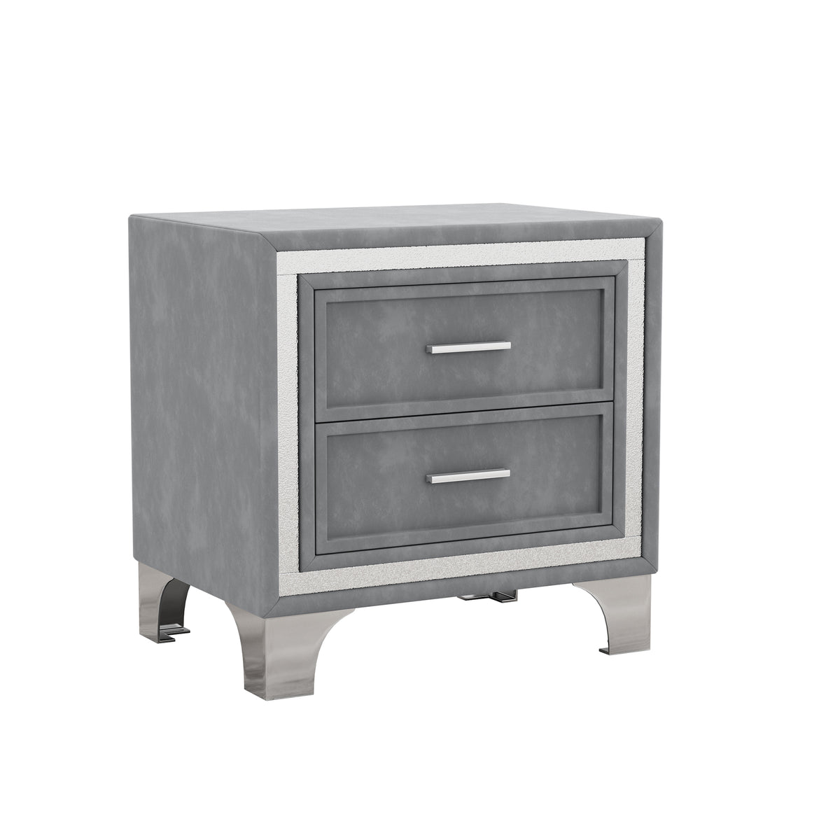 variant-group:rf-n733p183659e|Roomfitters Mid Century Vintage Nightstand with Silver Glitter Strip Decor and Metal Legs, Velvet Bedside Table with 2 Compartments, Gray