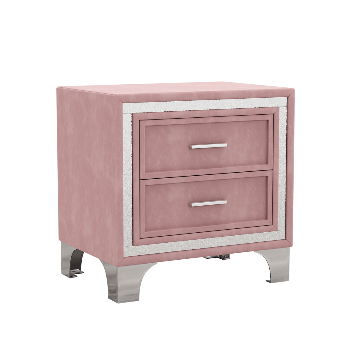 variant-group:rf-n733p183659h|Roomfitters Mid Century Vintage Nightstand with Silver Glitter Strip Decor and Metal Legs, Velvet Bedside Table with 2 Compartments, Pink