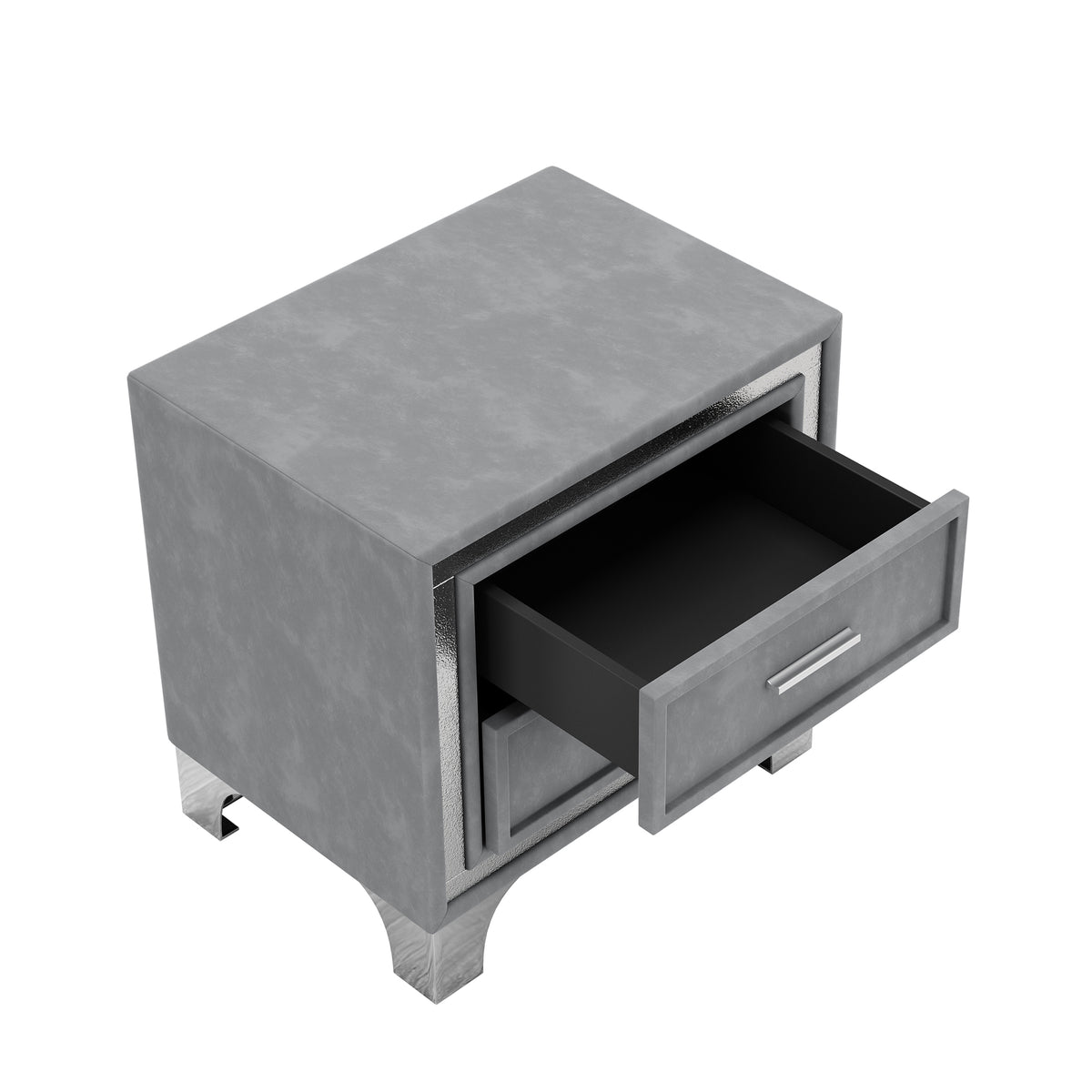 variant-group:rf-n733p183659e|Roomfitters Mid Century Vintage Nightstand with Silver Glitter Strip Decor and Metal Legs, Velvet Bedside Table with 2 Compartments, Gray