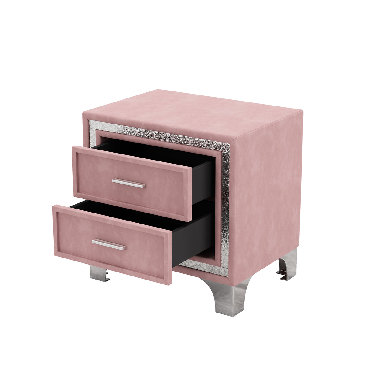 variant-group:rf-n733p183659h|Roomfitters Mid Century Vintage Nightstand with Silver Glitter Strip Decor and Metal Legs, Velvet Bedside Table with 2 Compartments, Pink