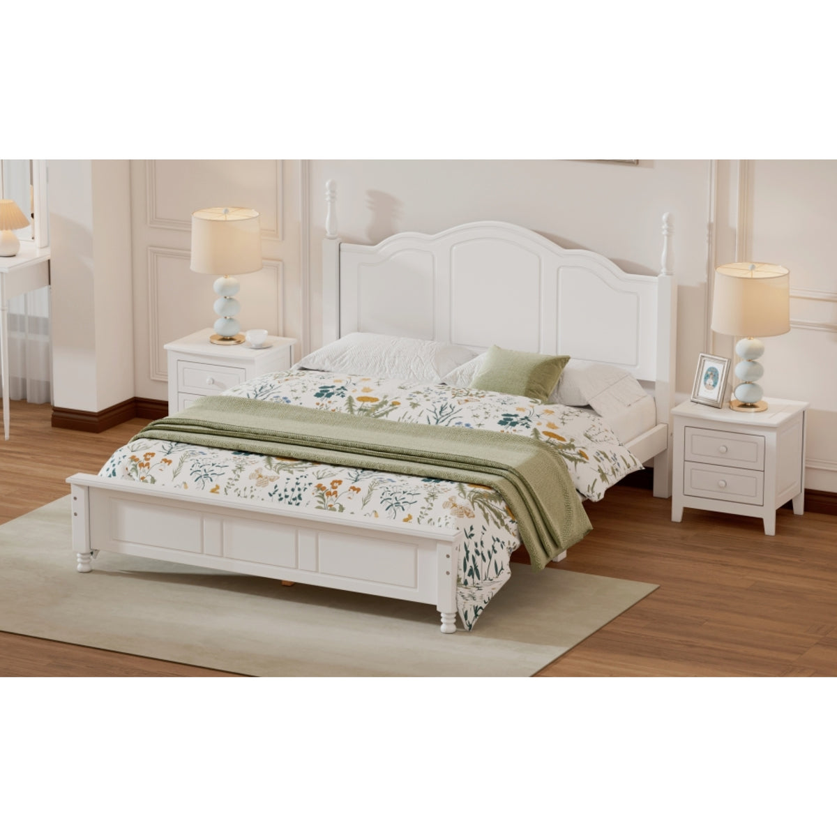 variant-group:rf-n733wf308185aak|Roomfitters Queen Size Wood Platform Bed Frame, Retro Style Platform Bed with Wooden Slat Support, White, White