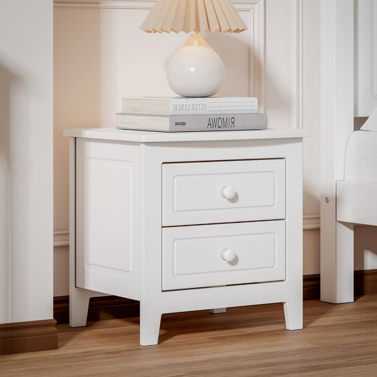 variant-group:rf-n733wf308187aak|Roomfitters 2-Drawer Nightstand for Bedroom, Mid-Century Retro Bedside Table with Classic Design, White