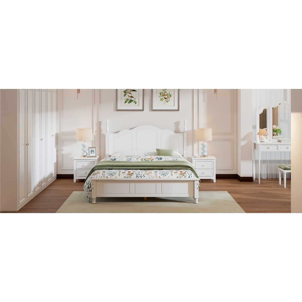 variant-group:rf-n733wf308185aak|Roomfitters Queen Size Wood Platform Bed Frame, Retro Style Platform Bed with Wooden Slat Support, White, White