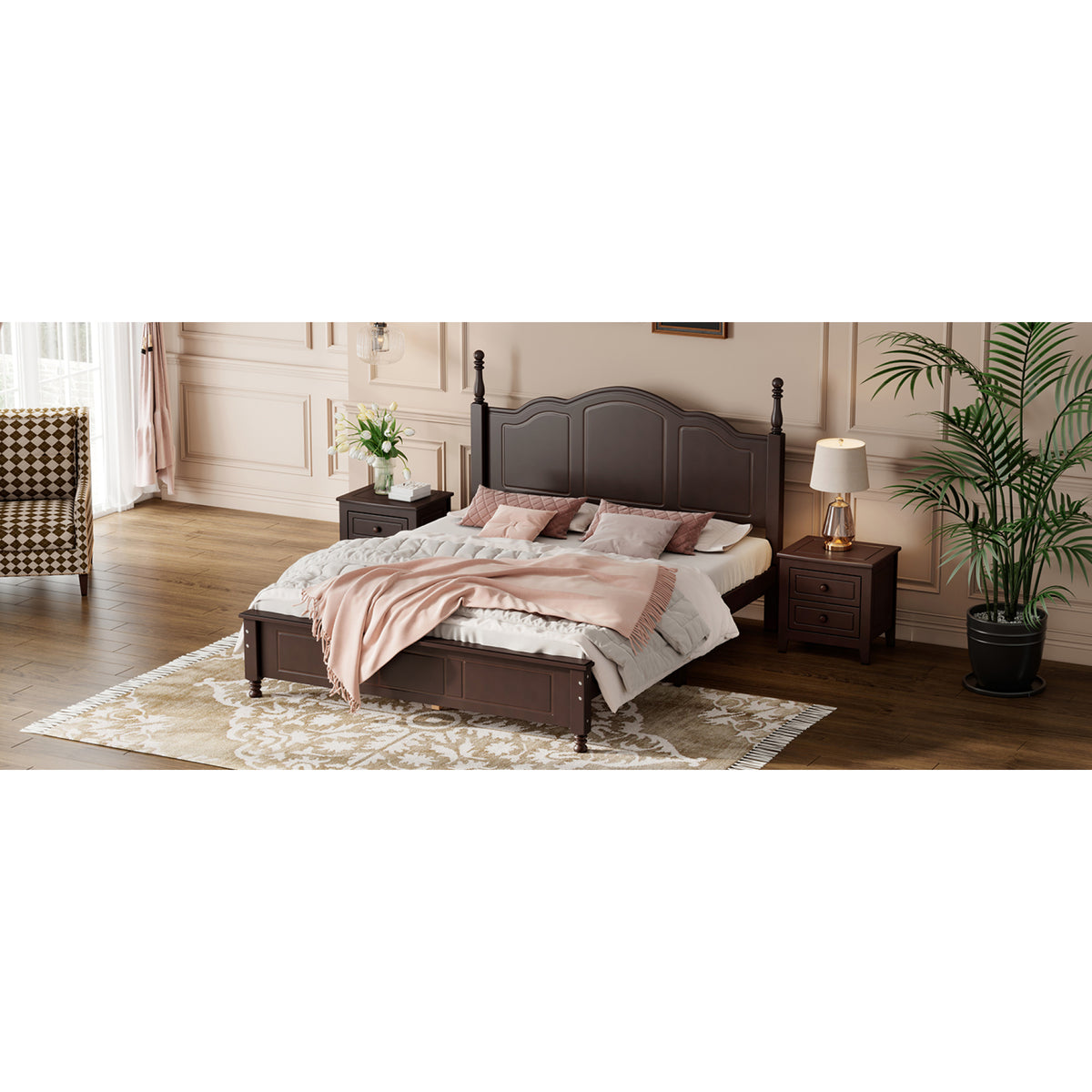 variant-group:rf-n733wf308185aad|Roomfitters Queen Size Wood Platform Bed Frame, Retro Style Platform Bed with Wooden Slat Support, Dark Walnut, Walnut
