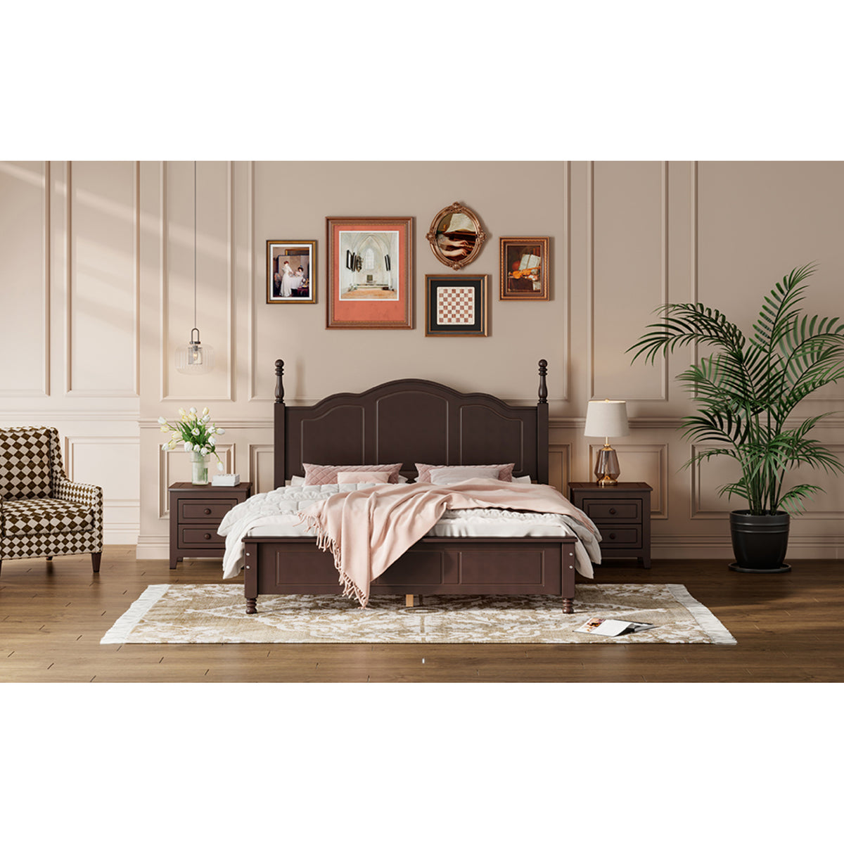 variant-group:rf-n733wf308185aad|Roomfitters Queen Size Wood Platform Bed Frame, Retro Style Platform Bed with Wooden Slat Support, Dark Walnut, Walnut
