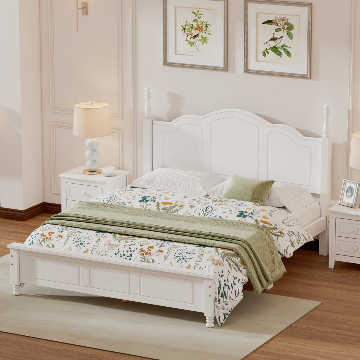 variant-group:rf-n733wf308185aak|Roomfitters Queen Size Wood Platform Bed Frame, Retro Style Platform Bed with Wooden Slat Support, White, White