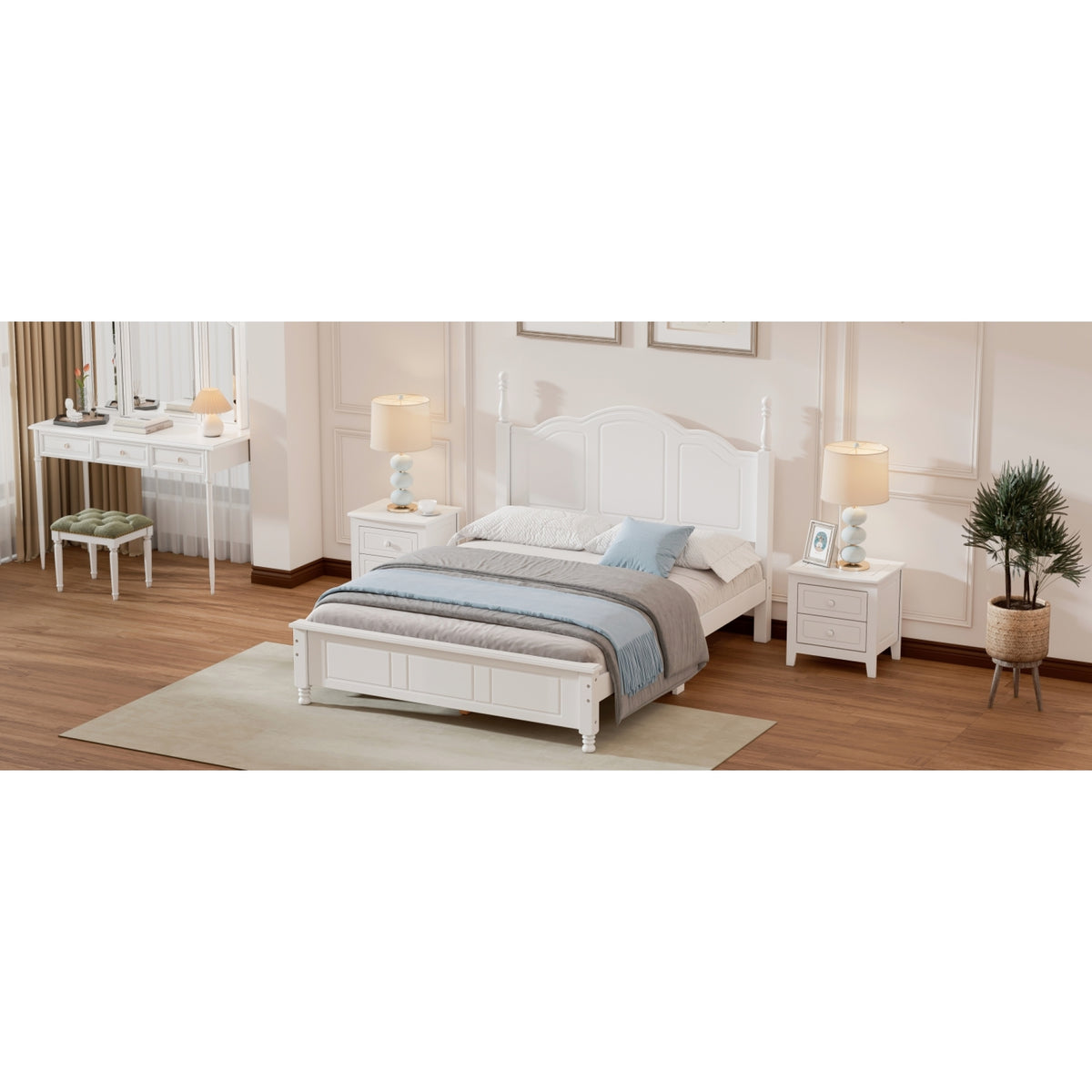 variant-group:rf-n733wf308186aak|Roomfitters Full Size Wood Platform Bed Frame, Retro Style Platform Bed with Wooden Slat Support, White, White