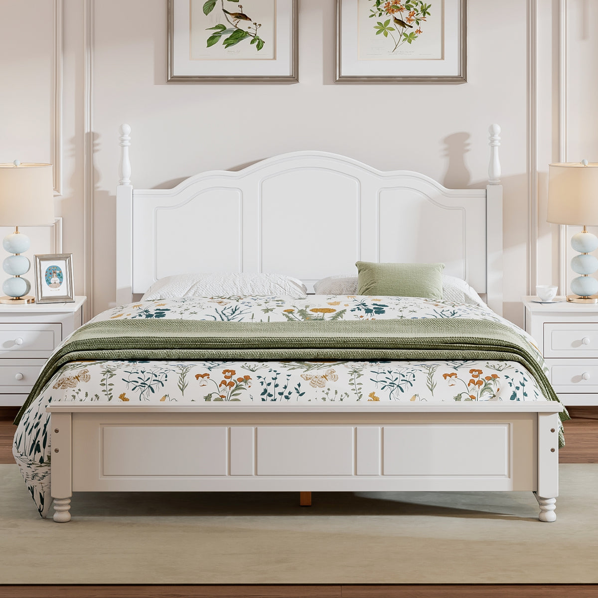 variant-group:rf-n733wf308185aak|Roomfitters Queen Size Wood Platform Bed Frame, Retro Style Platform Bed with Wooden Slat Support, White, White