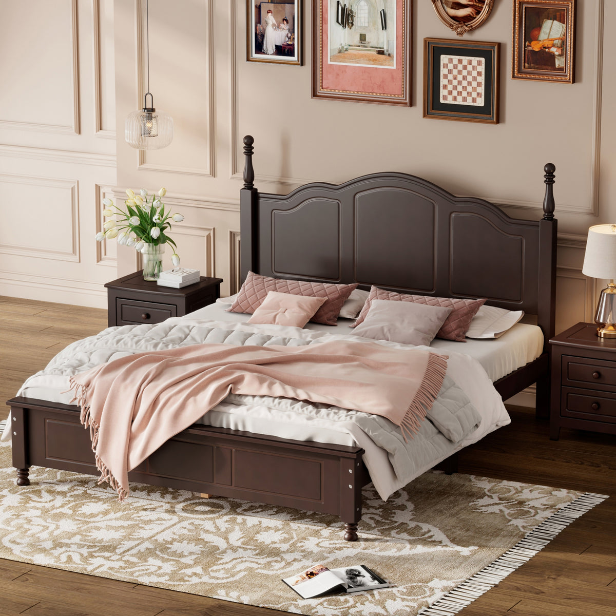 variant-group:rf-n733wf308185aad|Roomfitters Queen Size Wood Platform Bed Frame, Retro Style Platform Bed with Wooden Slat Support, Dark Walnut, Walnut
