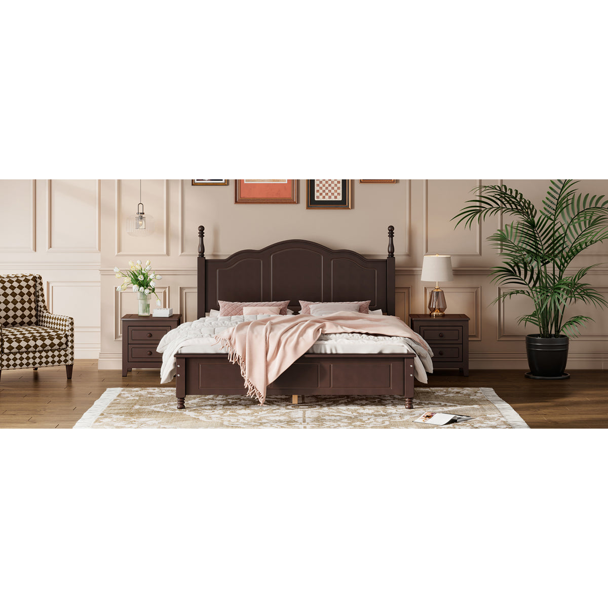 variant-group:rf-n733wf308185aad|Roomfitters Queen Size Wood Platform Bed Frame, Retro Style Platform Bed with Wooden Slat Support, Dark Walnut, Walnut