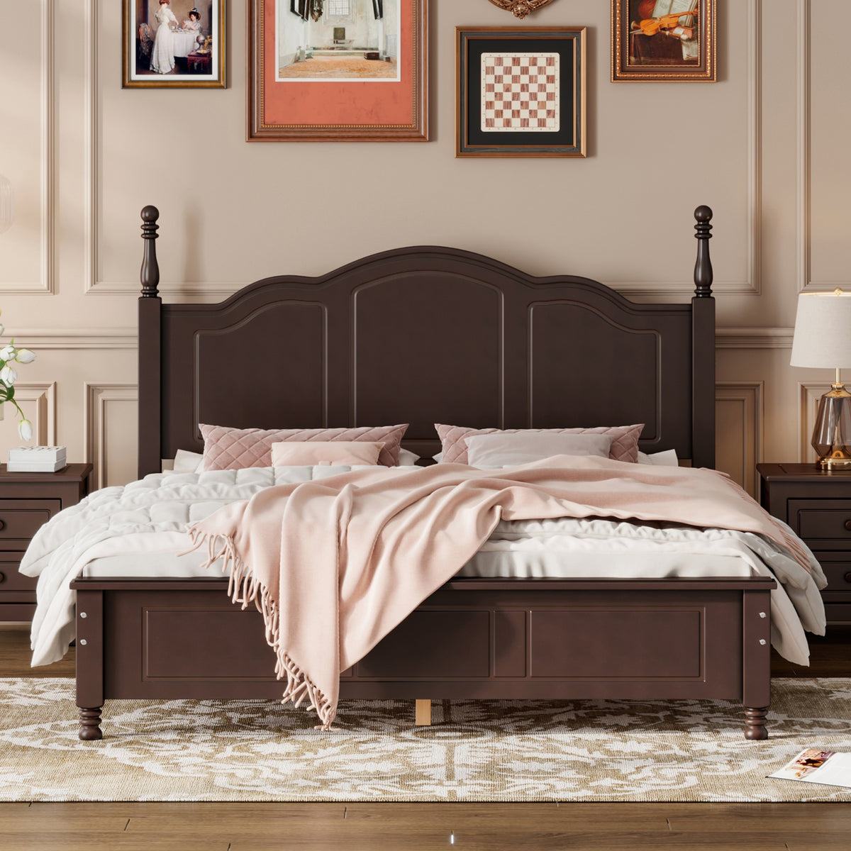 variant-group:rf-n733wf308185aad|Roomfitters Queen Size Wood Platform Bed Frame, Retro Style Platform Bed with Wooden Slat Support, Dark Walnut, Walnut