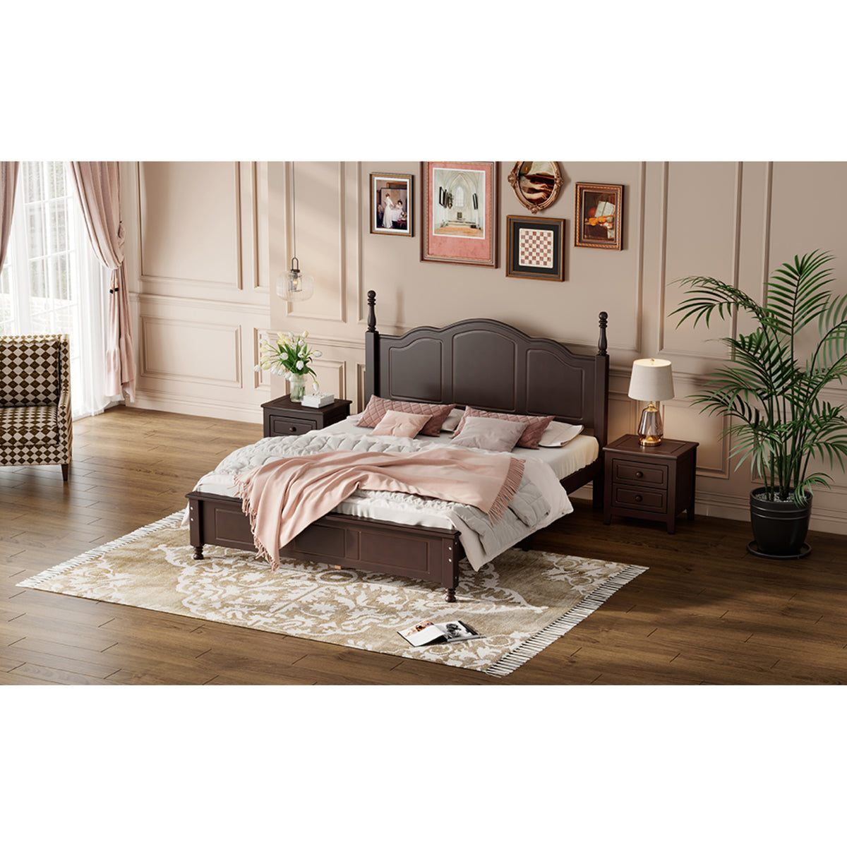 variant-group:rf-n733wf308185aad|Roomfitters Queen Size Wood Platform Bed Frame, Retro Style Platform Bed with Wooden Slat Support, Dark Walnut, Walnut