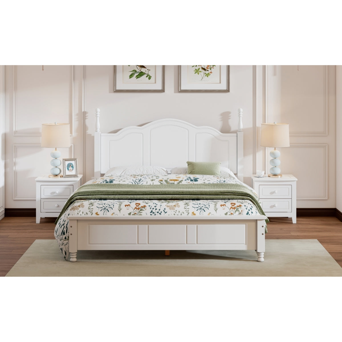 variant-group:rf-n733wf308185aak|Roomfitters Queen Size Wood Platform Bed Frame, Retro Style Platform Bed with Wooden Slat Support, White, White