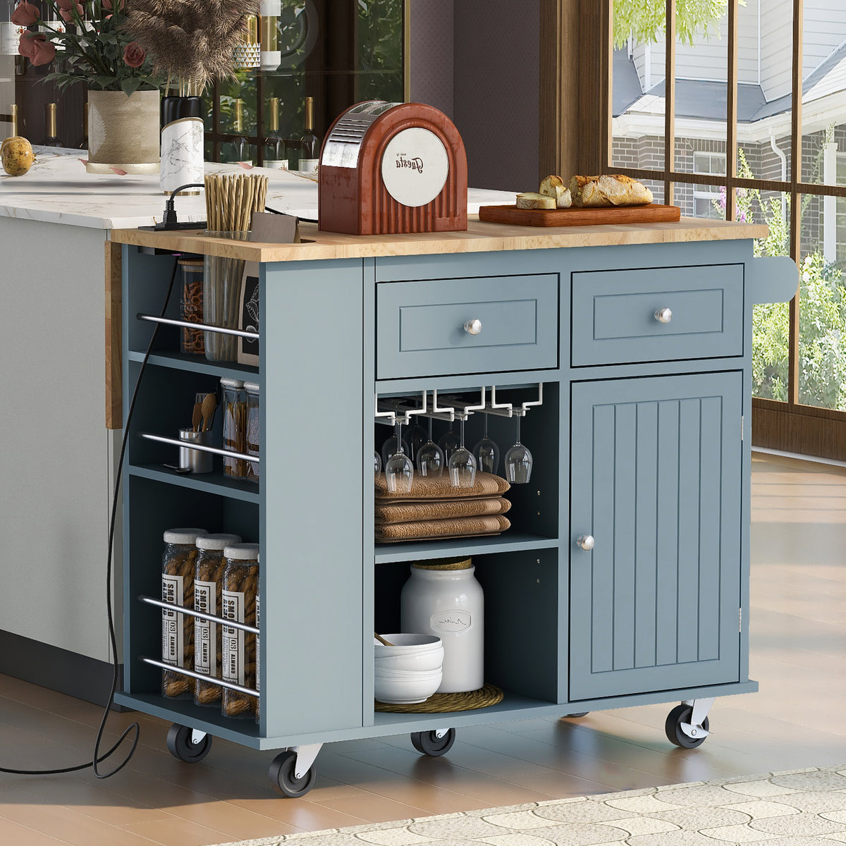 variant-group:rf-n707wf305556aag|Roomfitters Kitchen Island with Power Outlet, Kitchen Storage Island with Drop Leaf and Rubber Wood, Open Storage and Wine Rack, 5 Wheels, Adjustable Storage for Kitchen, and Dining Room, Blue