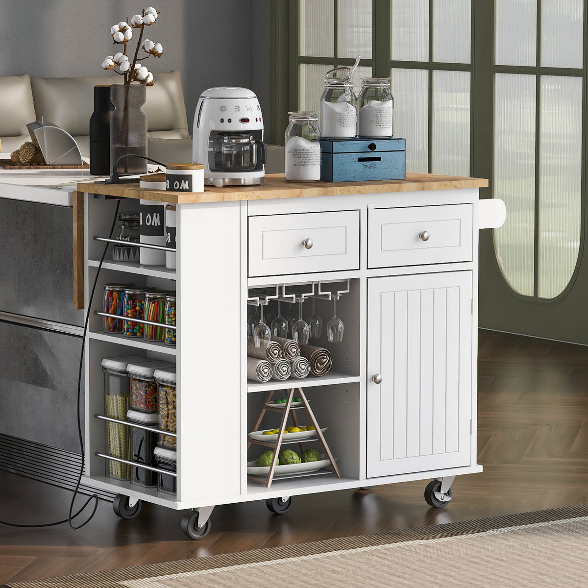 variant-group:rf-n707wf305556aaw|Roomfitters Kitchen Island with Power Outlet, Kitchen Storage Island with Drop Leaf and Rubber Wood, Open Storage and Wine Rack, 5 Wheels, Adjustable Storage for Kitchen, and Dining Room, White