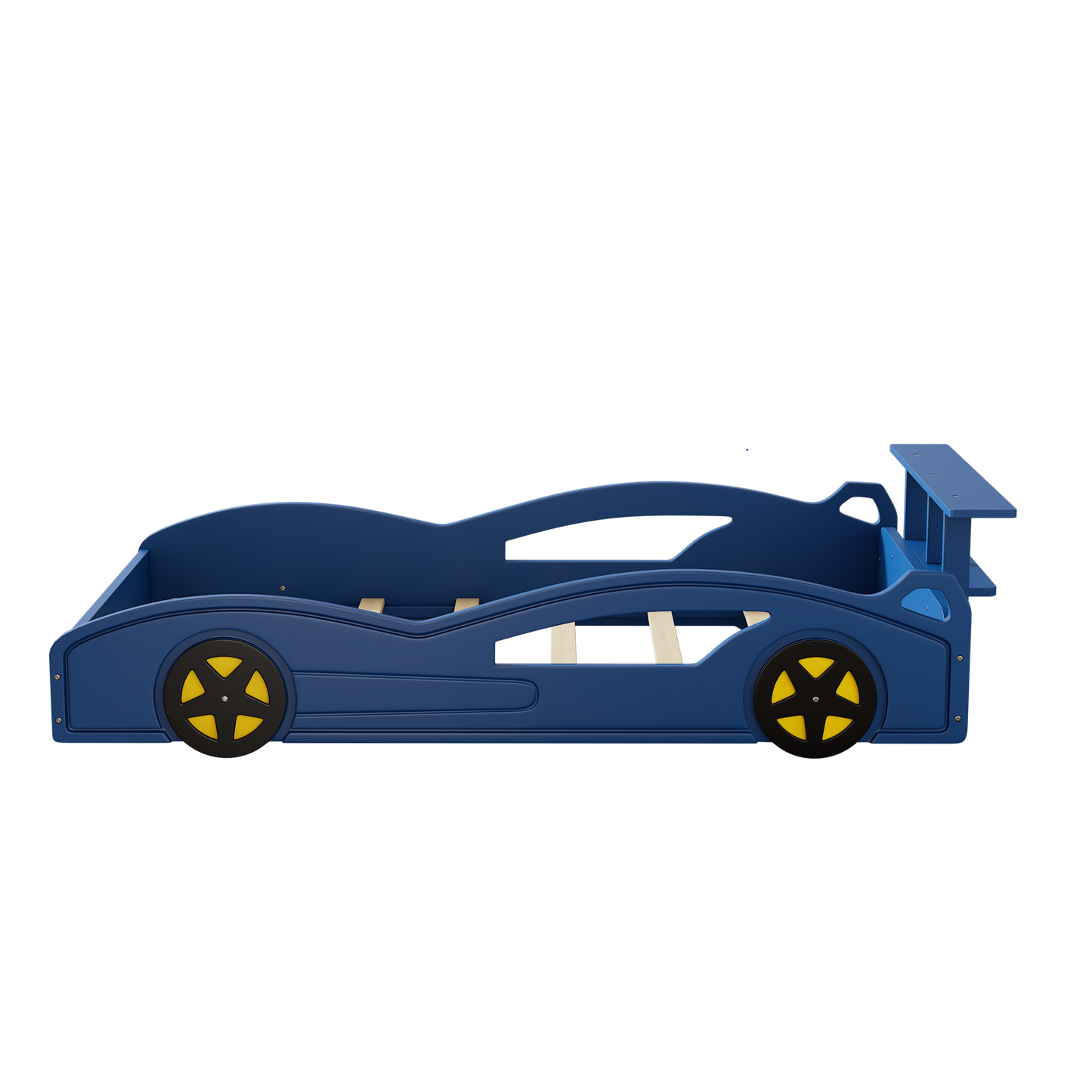 variant-group:rf-n701p465364c|Roomfitters Twin Size Wooden Race Car Bed Frame with Wheels, Car Shaped Platform Bed Storage, No Box Spring, Blue & Yellow