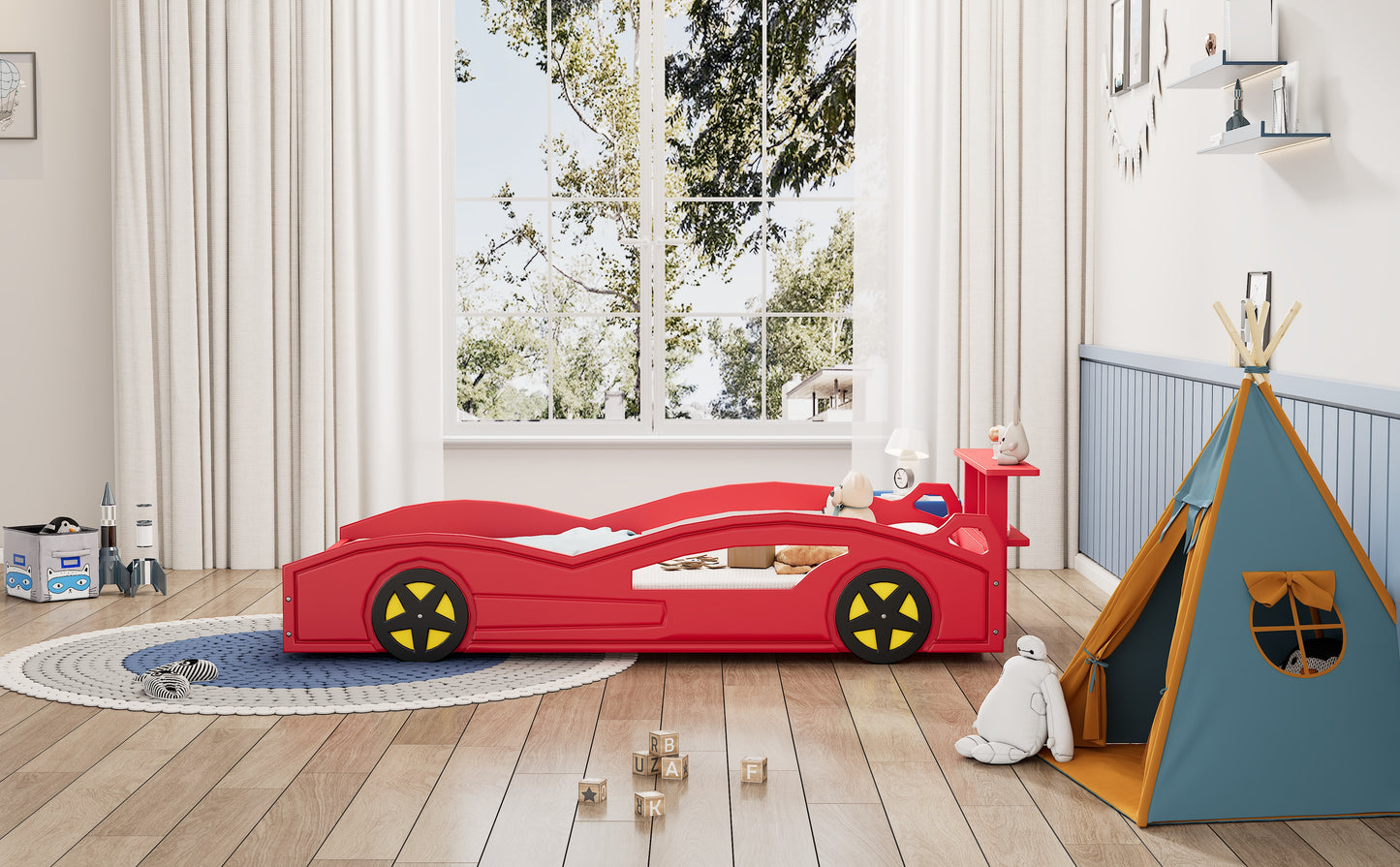 variant-group:rf-n701p465364j|Roomfitters Twin Size Wooden Race Car Bed Frame with Wheels, Car Shaped Platform Bed Storage, No Box Spring, Red & Yellow
